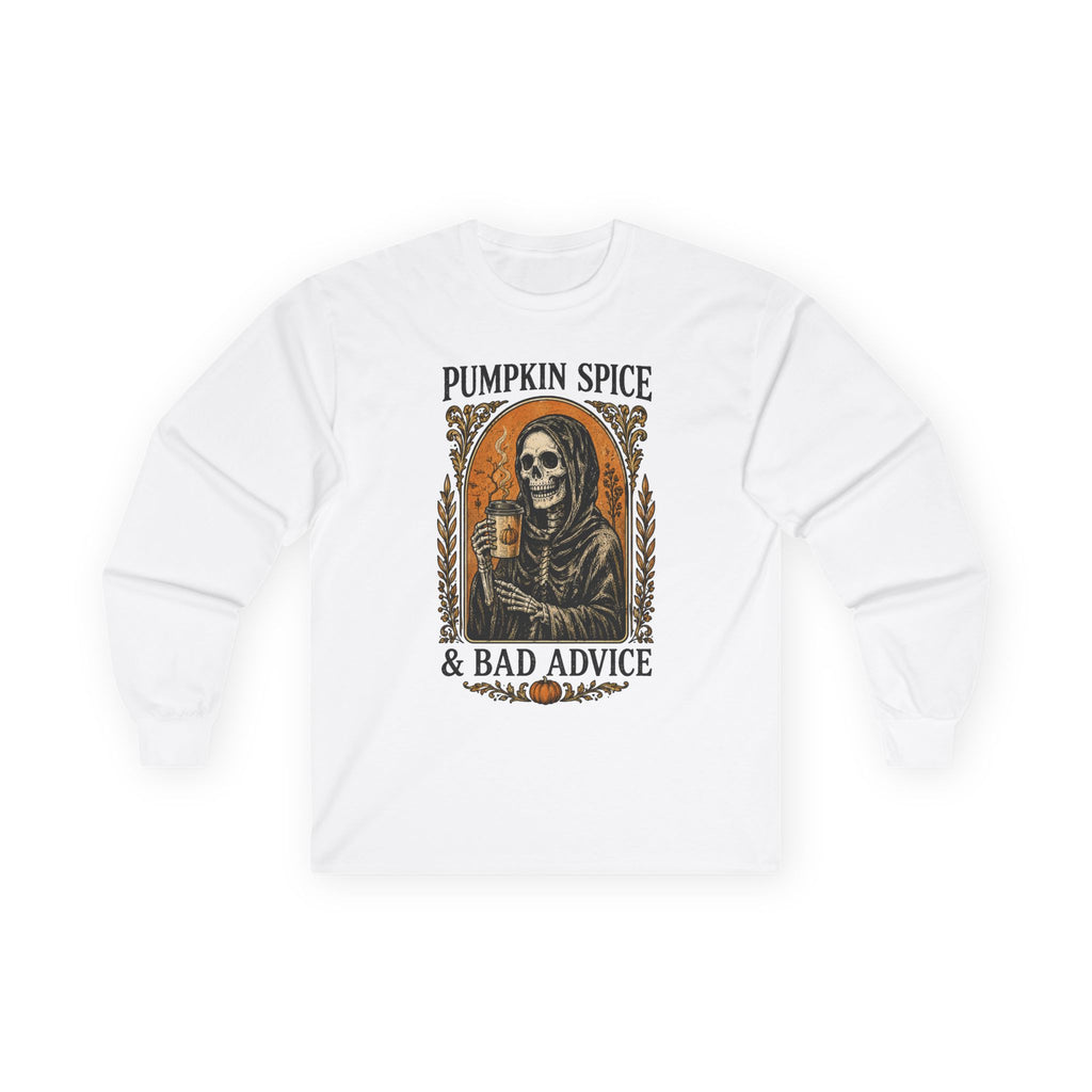 Pumpkin Spice & Bad Advice Long Sleeve Tee | Skeleton Coffee Autumn