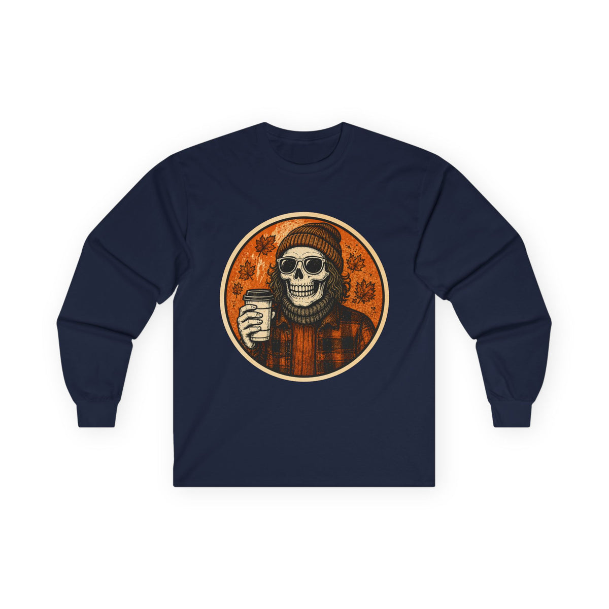 Skull Beanie Holding Coffee Long Sleeve Tee | Autumn Floral Circle