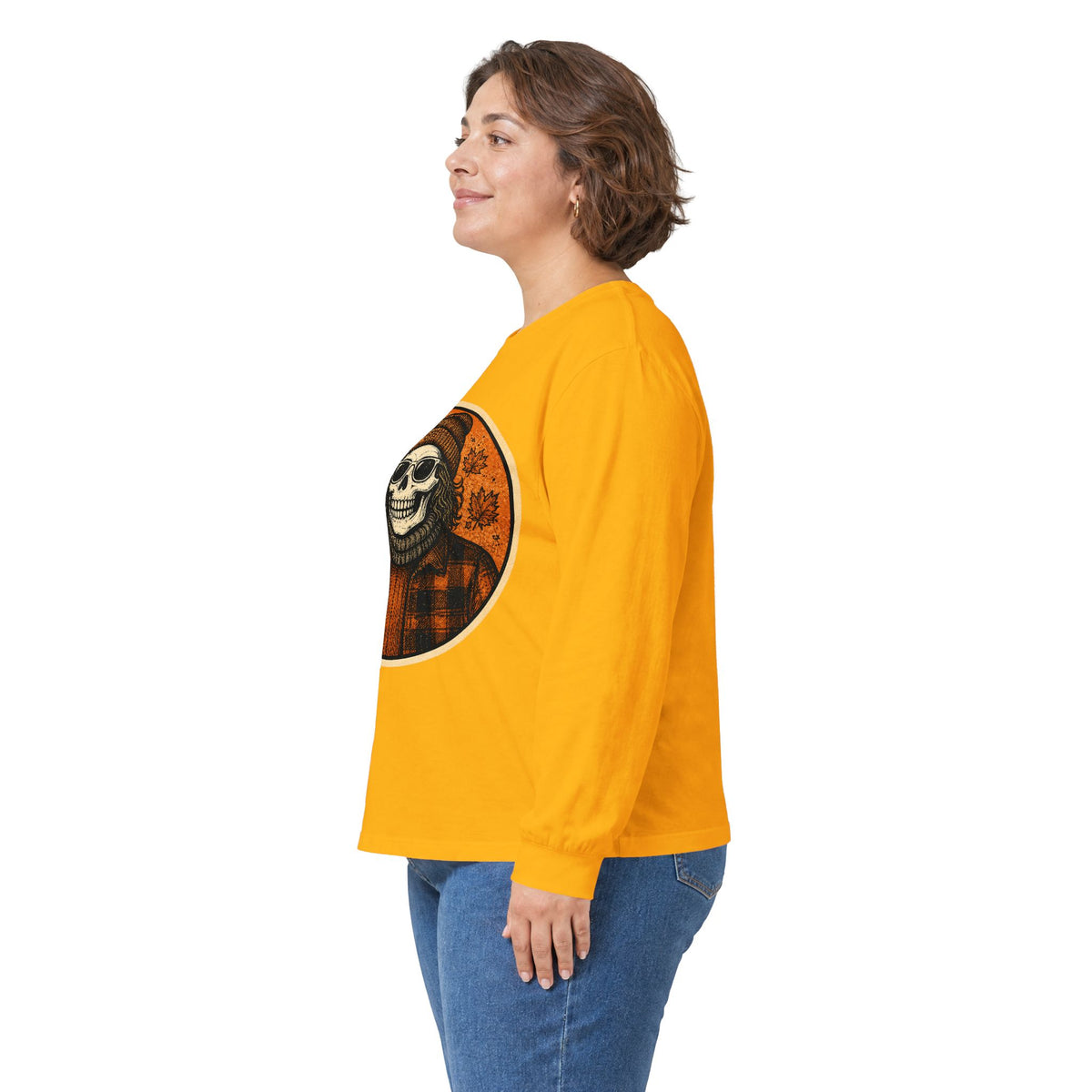 Copy of Skull Beanie Holding Coffee Long Sleeve Tee | Autumn Floral Circle