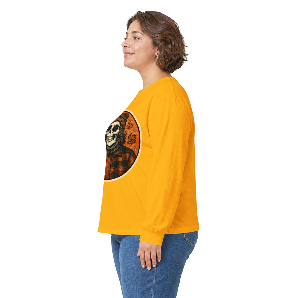 Skull Beanie Holding Coffee Long Sleeve Tee | Autumn Floral Circle