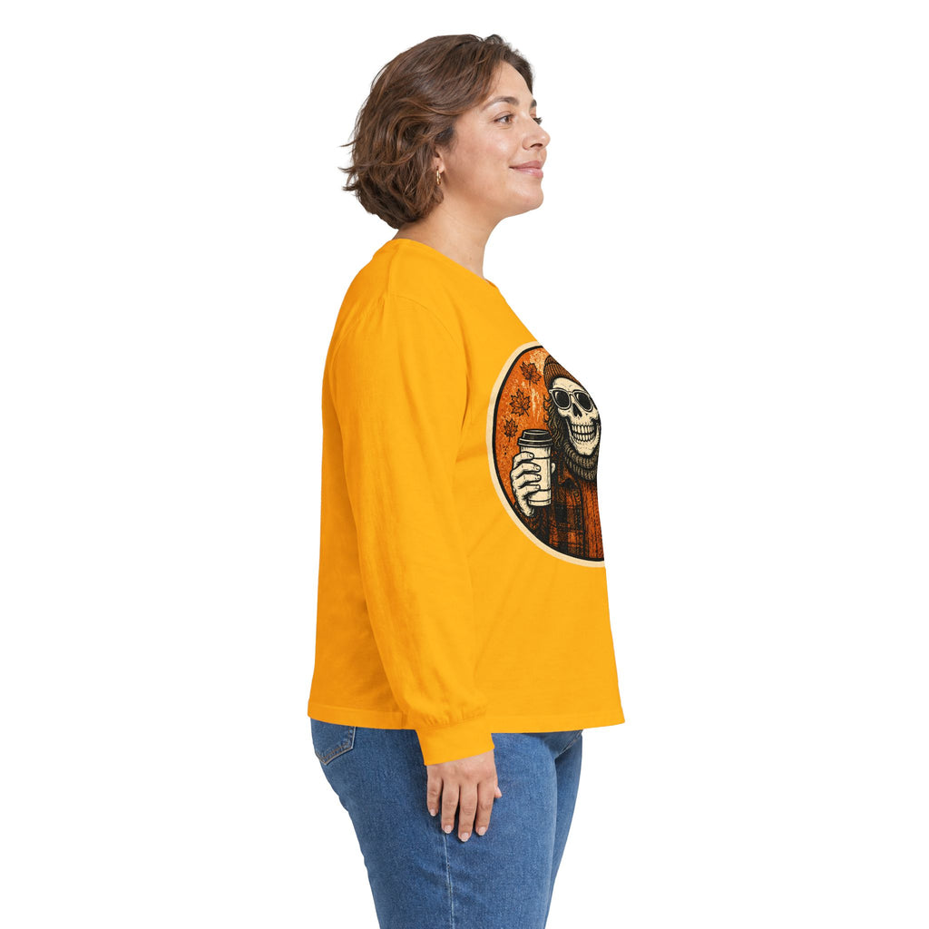 Copy of Skull Beanie Holding Coffee Long Sleeve Tee | Autumn Floral Circle