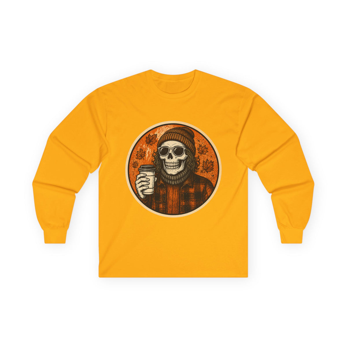 Copy of Skull Beanie Holding Coffee Long Sleeve Tee | Autumn Floral Circle