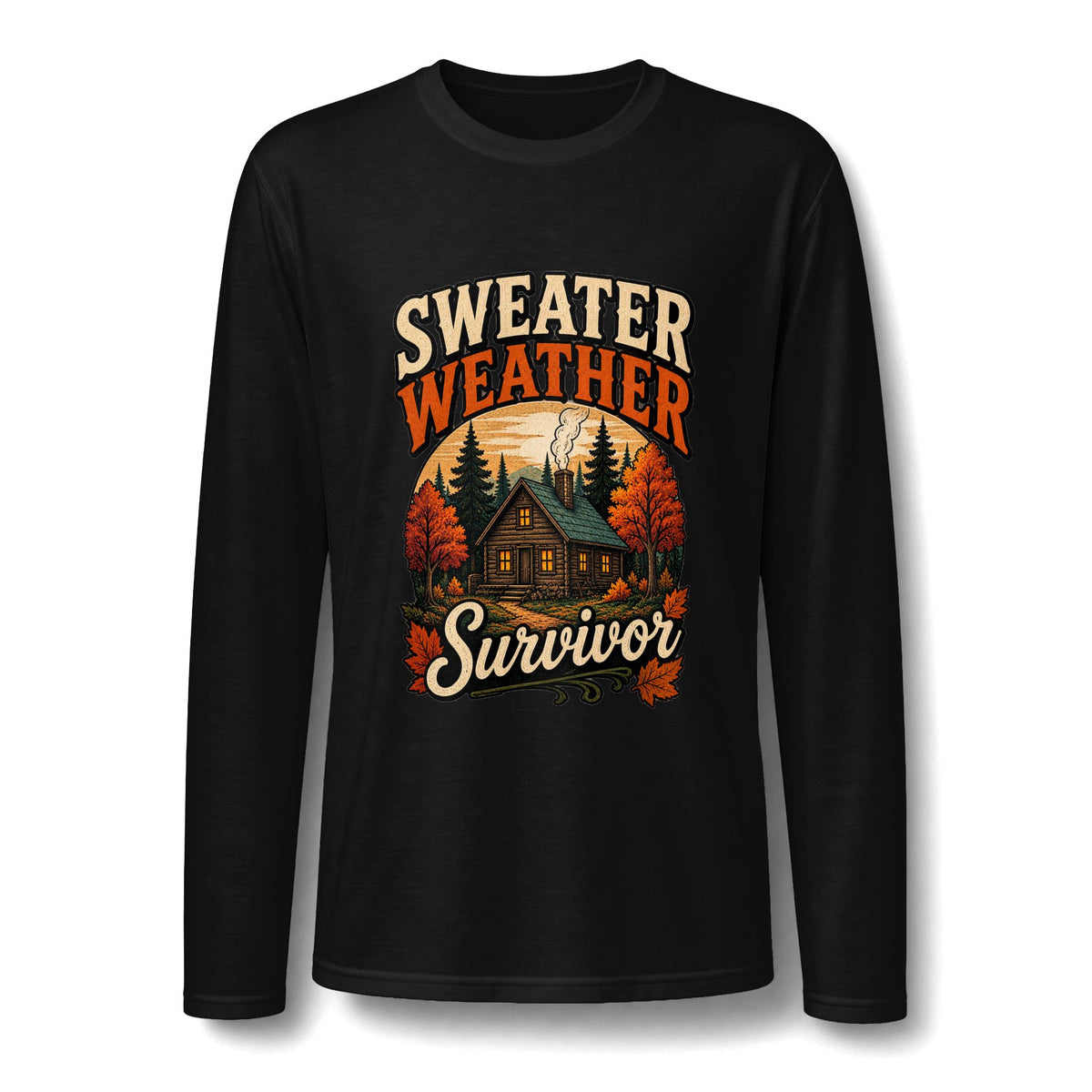 Sweater Weather Survivor Long Sleeve Tee — Autumn Cabin Forest Graphic