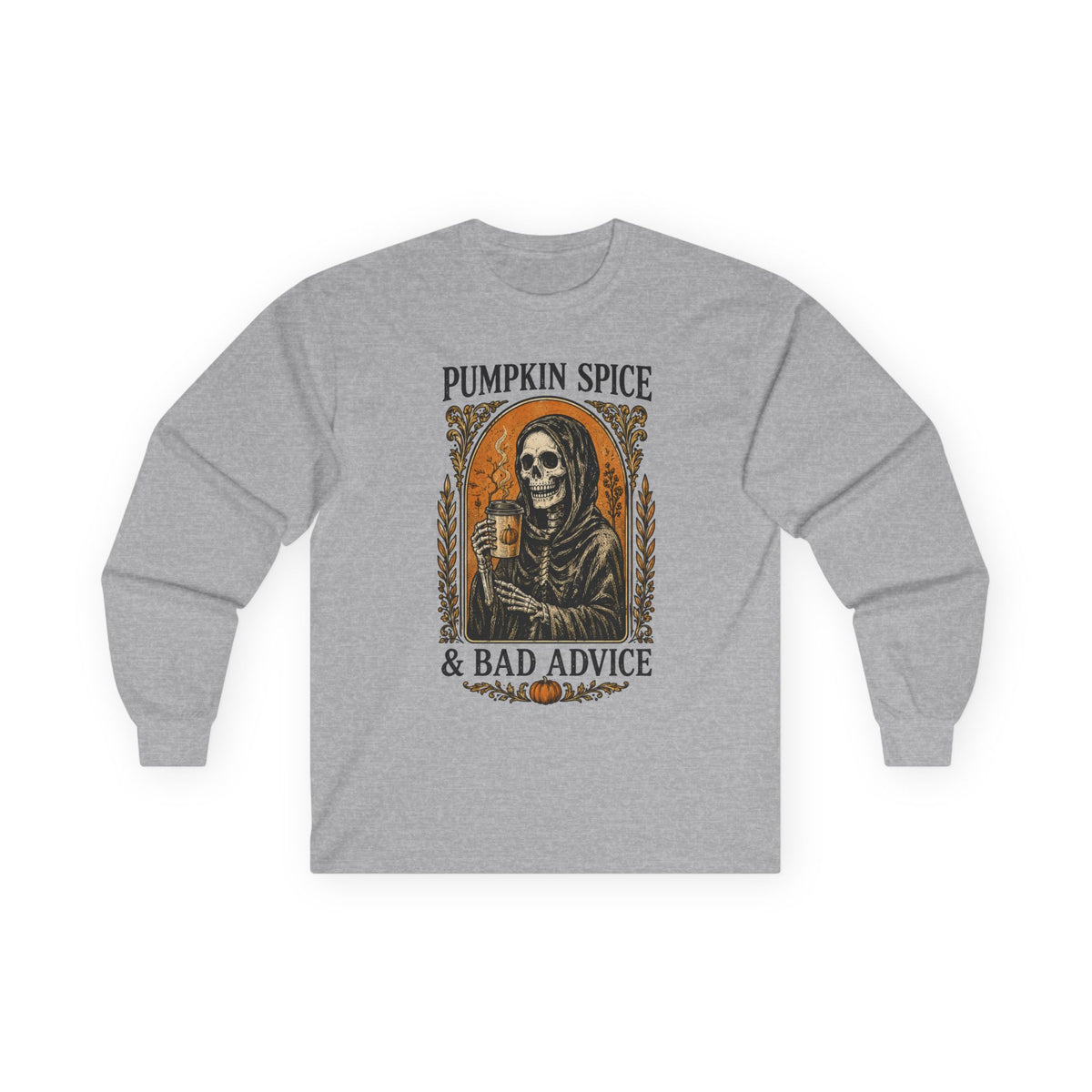 Pumpkin Spice & Bad Advice Long Sleeve Tee | Skeleton Coffee Autumn