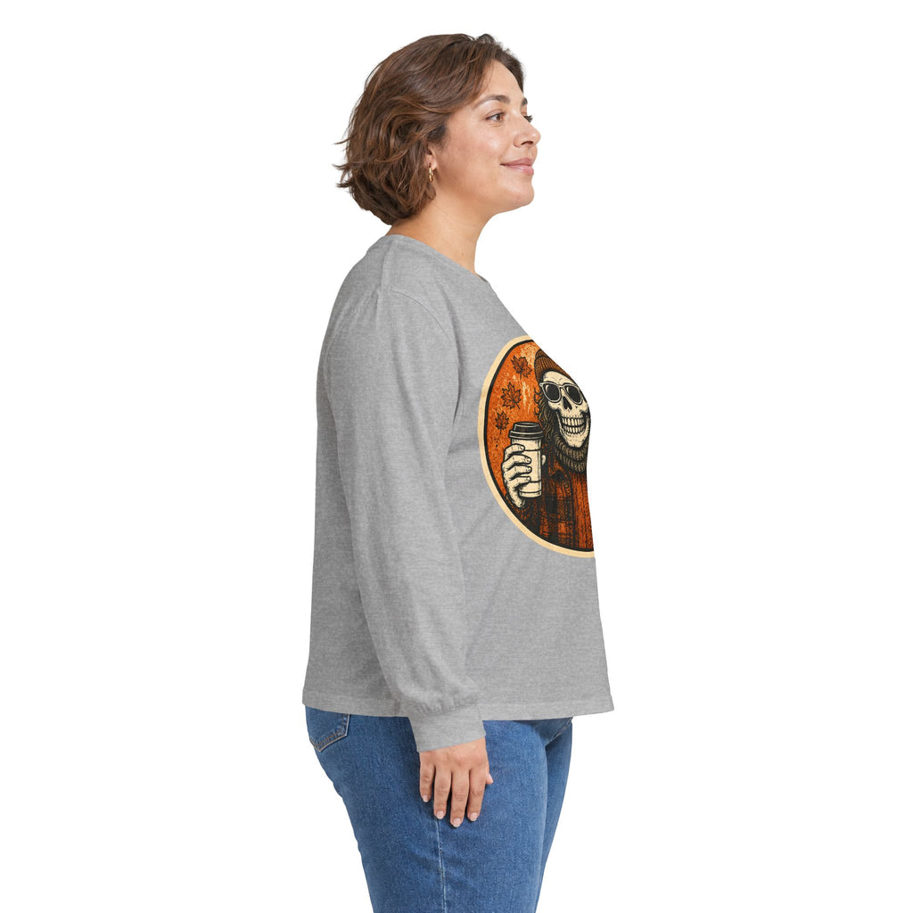 Skull Beanie Holding Coffee Long Sleeve Tee | Autumn Floral Circle