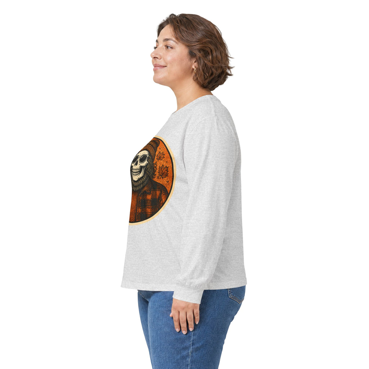 Copy of Skull Beanie Holding Coffee Long Sleeve Tee | Autumn Floral Circle