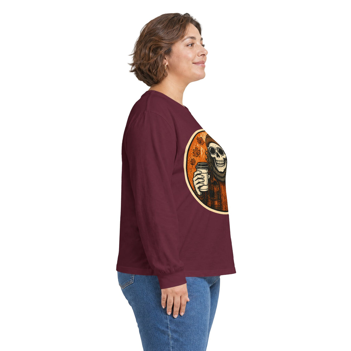 Copy of Skull Beanie Holding Coffee Long Sleeve Tee | Autumn Floral Circle