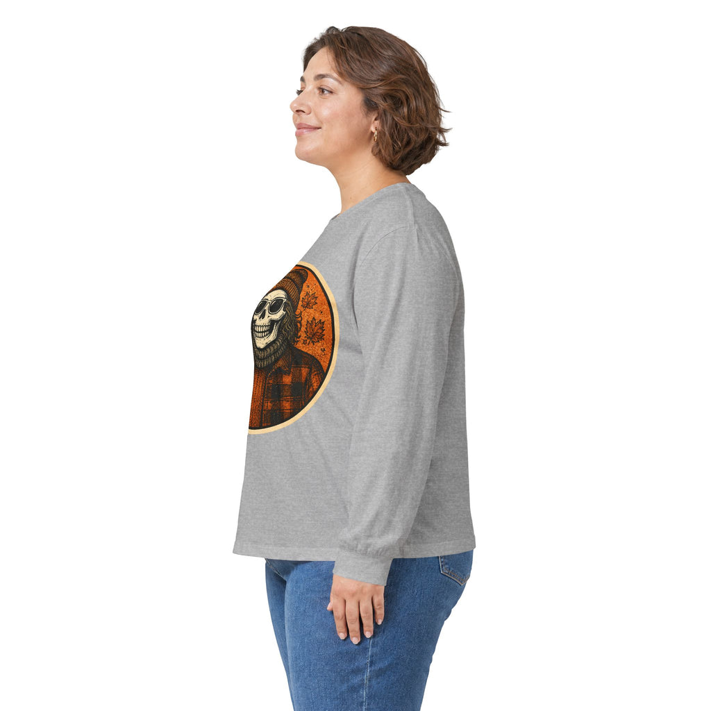 Skull Beanie Holding Coffee Long Sleeve Tee | Autumn Floral Circle