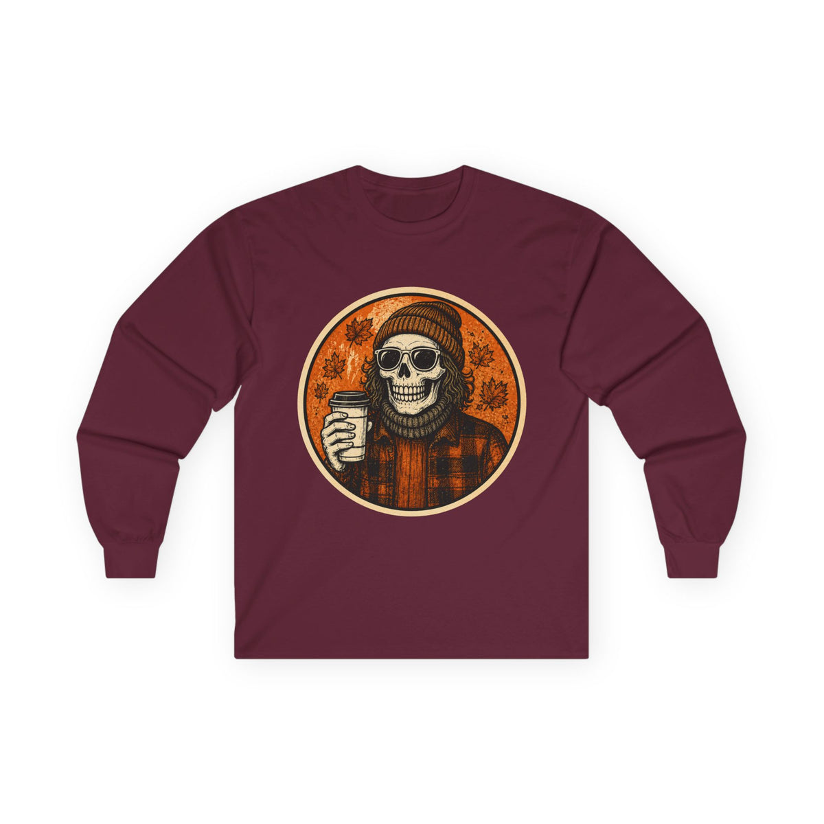 Copy of Skull Beanie Holding Coffee Long Sleeve Tee | Autumn Floral Circle
