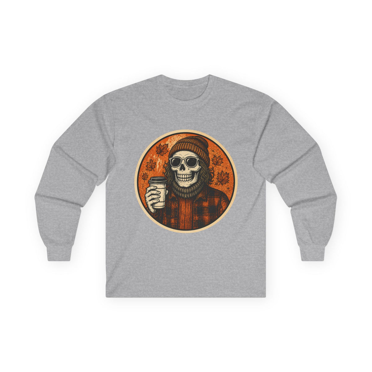 Copy of Skull Beanie Holding Coffee Long Sleeve Tee | Autumn Floral Circle