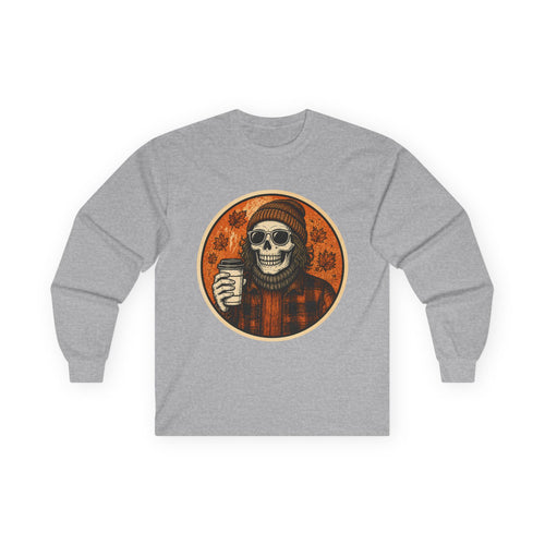 Copy of Skull Beanie Holding Coffee Long Sleeve Tee | Autumn Floral Circle