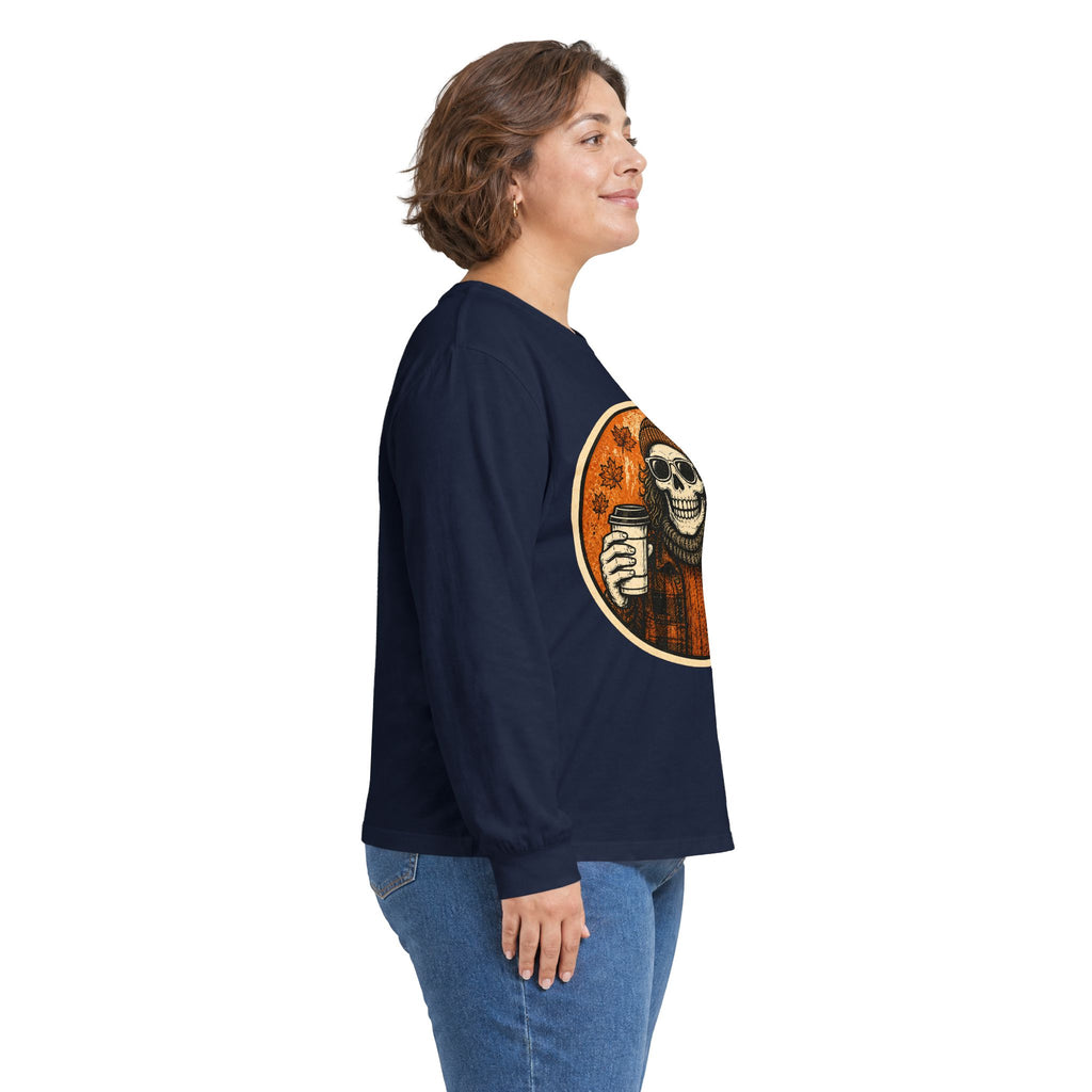 Copy of Skull Beanie Holding Coffee Long Sleeve Tee | Autumn Floral Circle