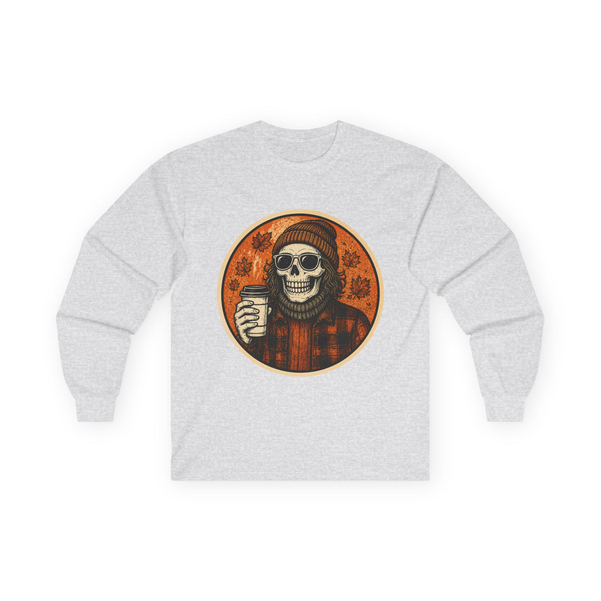 Copy of Skull Beanie Holding Coffee Long Sleeve Tee | Autumn Floral Circle