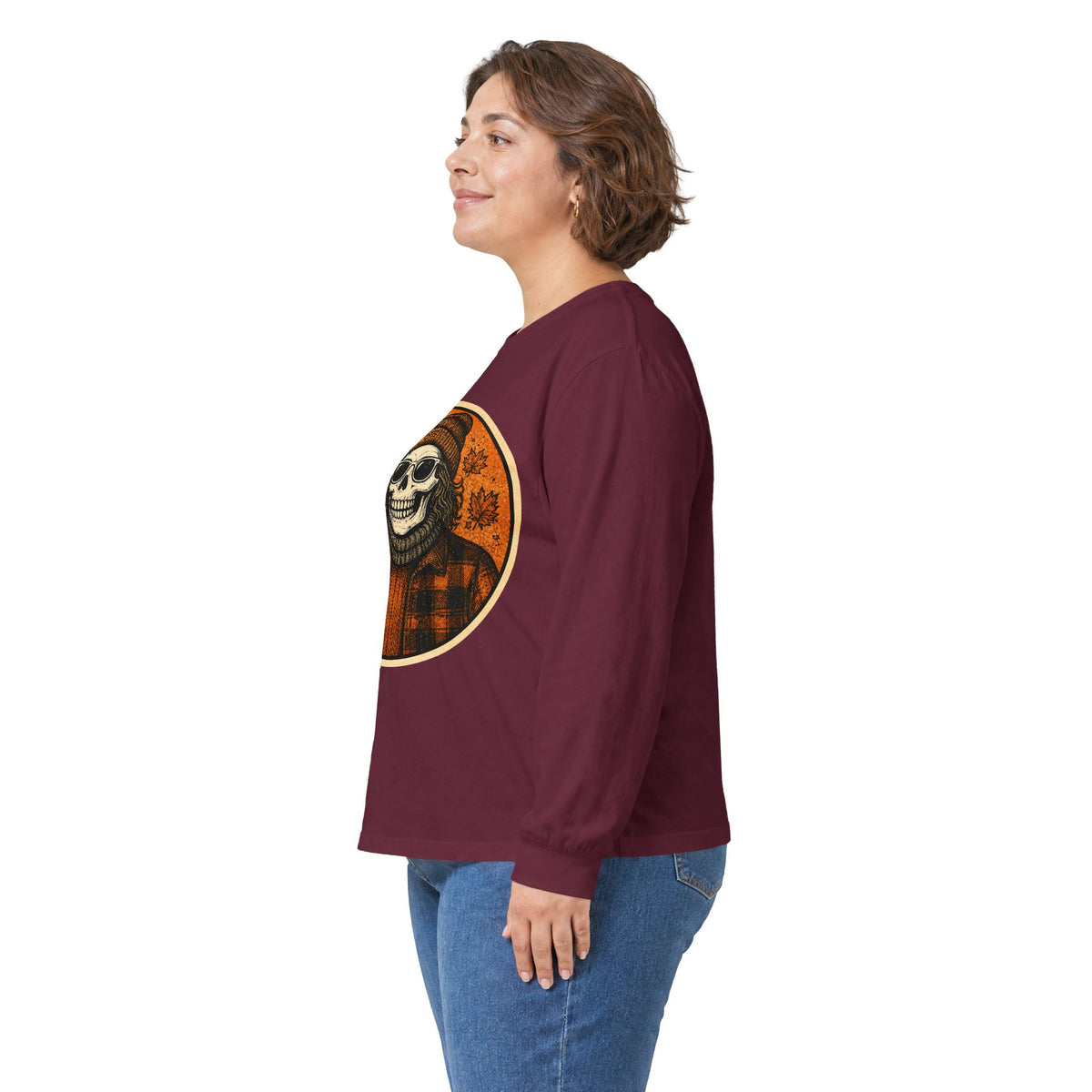 Copy of Skull Beanie Holding Coffee Long Sleeve Tee | Autumn Floral Circle