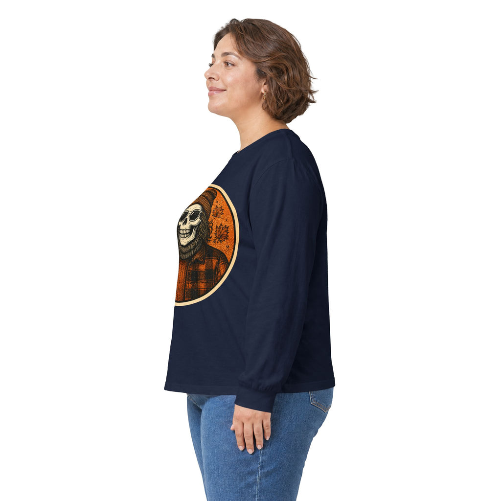 Copy of Skull Beanie Holding Coffee Long Sleeve Tee | Autumn Floral Circle