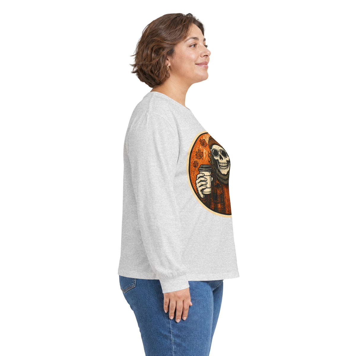 Copy of Skull Beanie Holding Coffee Long Sleeve Tee | Autumn Floral Circle