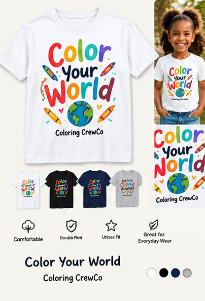 Color Your World Coloring CrewCo shirt lifestyle and product mockup