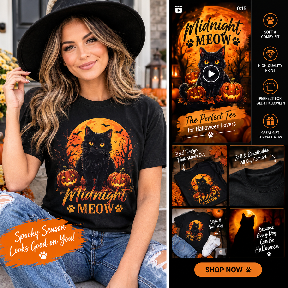 Professional model wearing the Midnight Meow black cat Halloween T-shirt