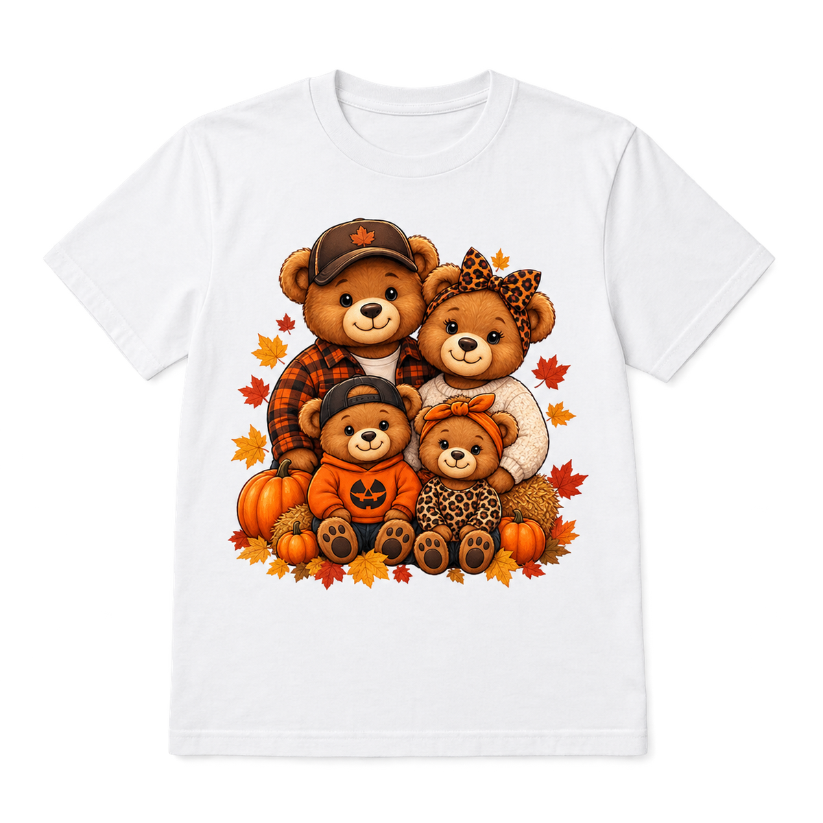 Fall family bear crew T-shirt with pumpkins and autumn leaves