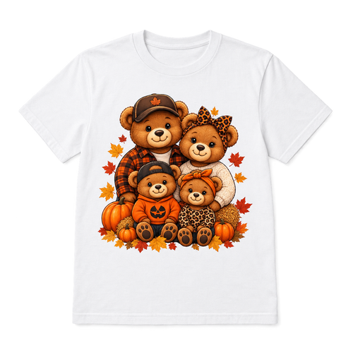 Fall family bear crew T-shirt with pumpkins and autumn leaves