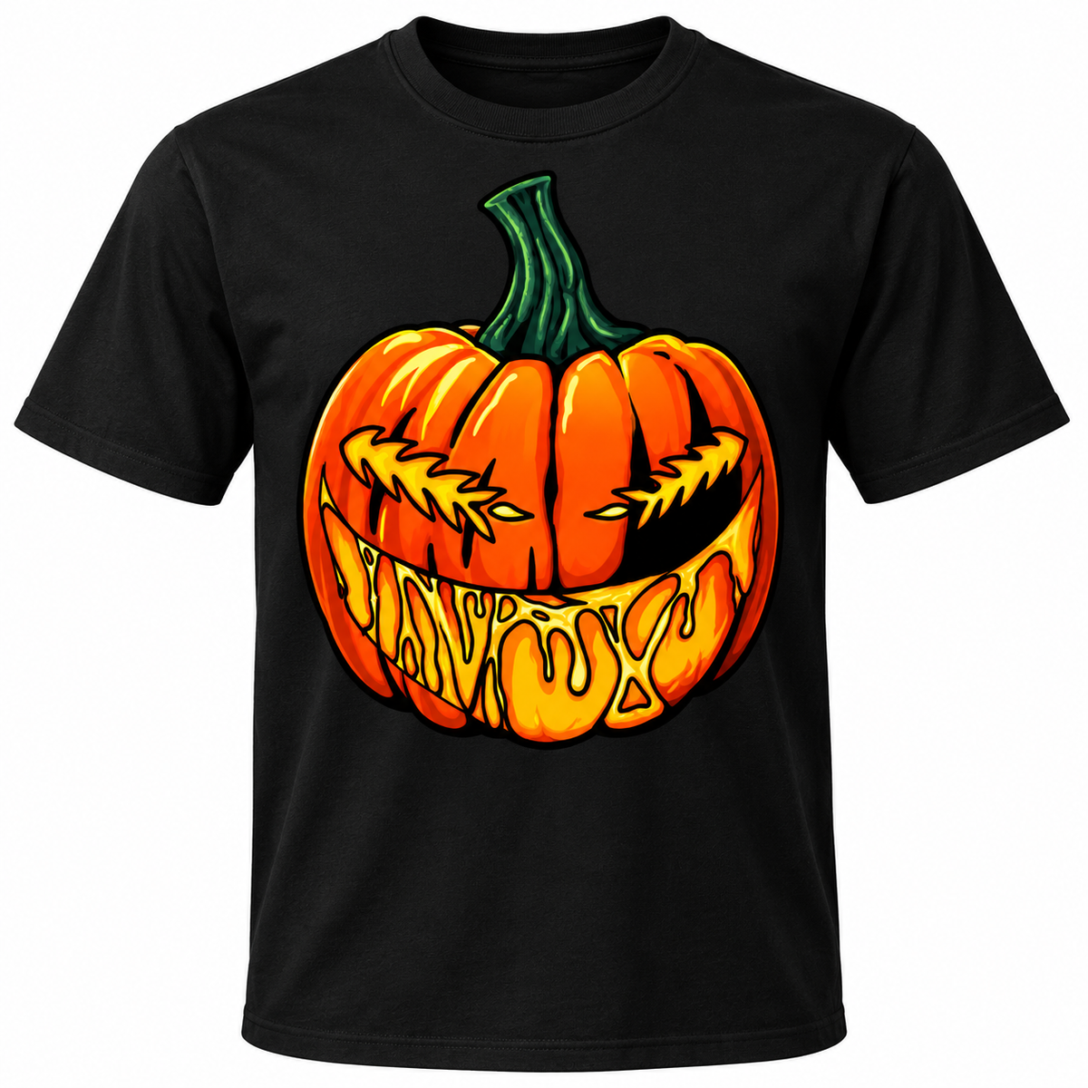 Pumpkin Melt original jack-o-lantern graphic on black T-shirt