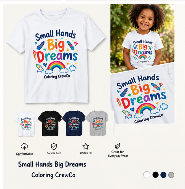 Small Hands Big Dreams Coloring CrewCo shirt lifestyle and product mockup